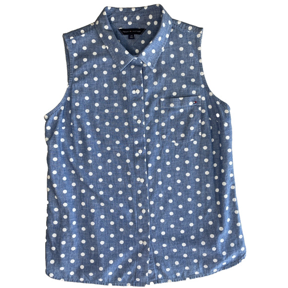 Tommy Hilfiger Shirt Womens Large Blue & White Polkadot Denim Button Up Tank Top - Picture 1 of 11